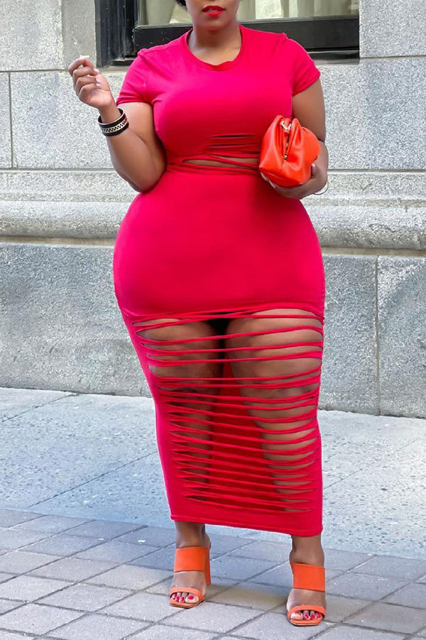 Fashion Ripped Solid Color Short Sleeve Plus Size Maxi Dress