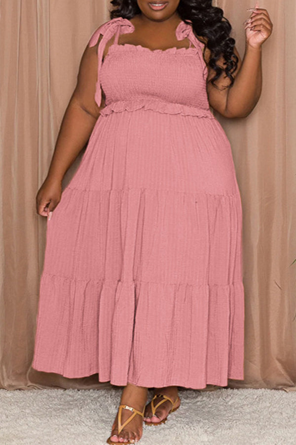 Temperament Solid Color Pleated Plus Size Sling Maxi Dress