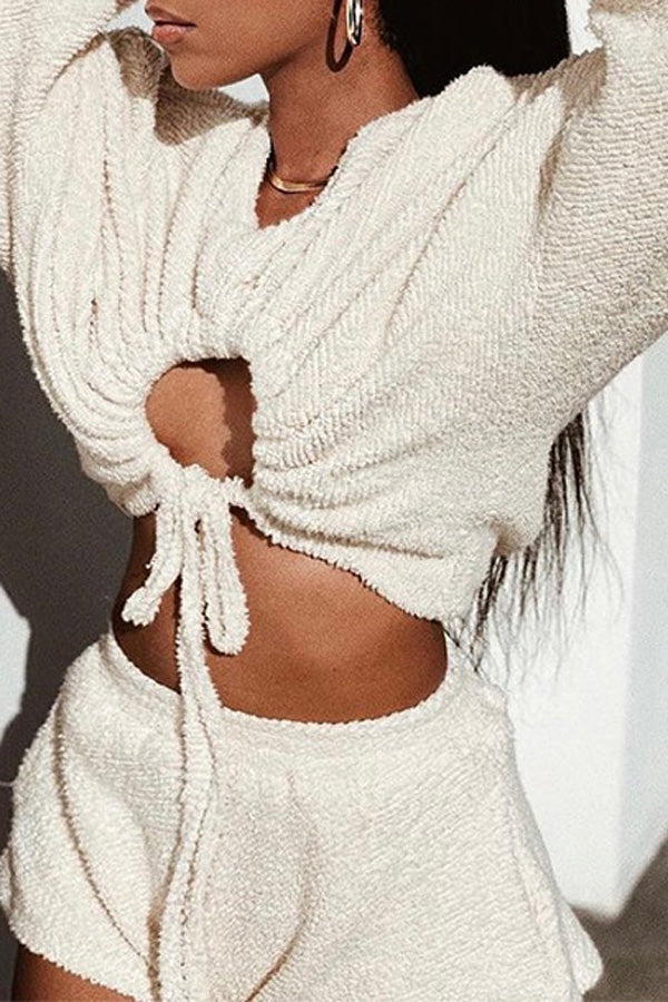 Fashion Batwing Sleeve Solid Color Lace-Up Knit Short Top Shorts Set