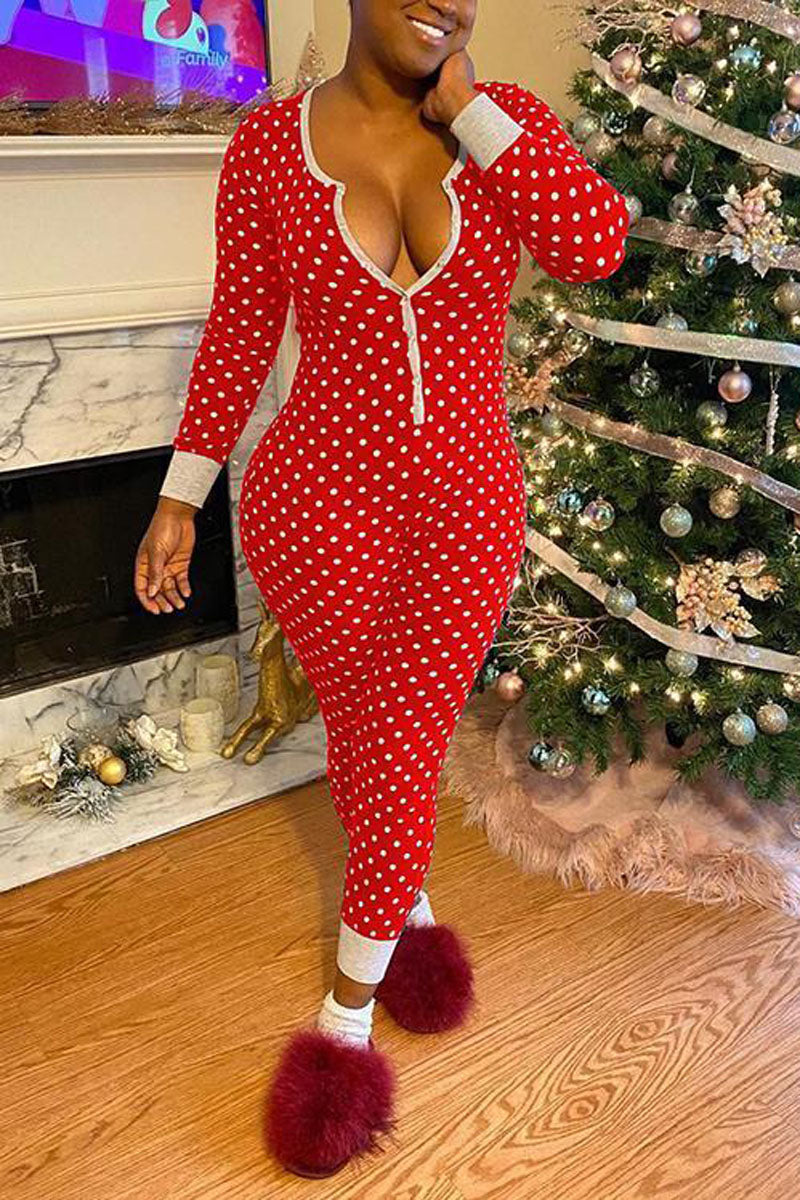 [Pre-Sale] Plus Size Christmas Polka Dot Split Neck Sexy Jumpsuit Sleepwear - Fashionaviv