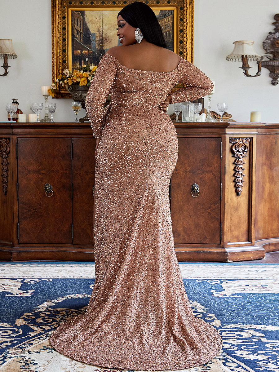 Plus Size Off The Shoulder Bow Designer Maxi Sequin CandyBrown Prom Dress PXH2122